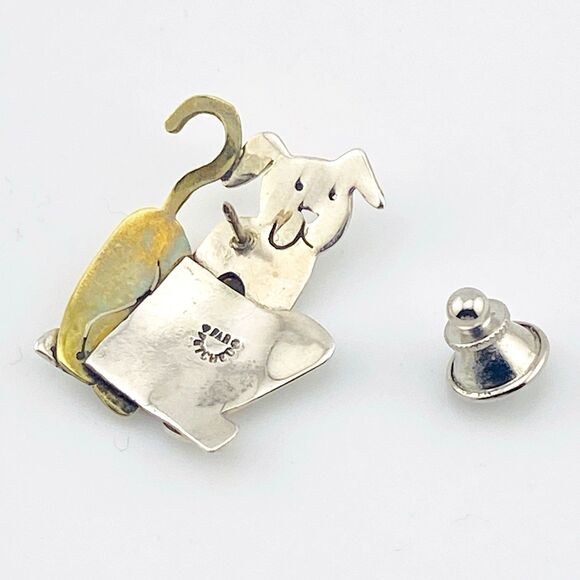 Far Fetched Adorable Dog and Cat Mixed Metals Brooch Pin Signed Sterling Silver - Picture 6 of 7